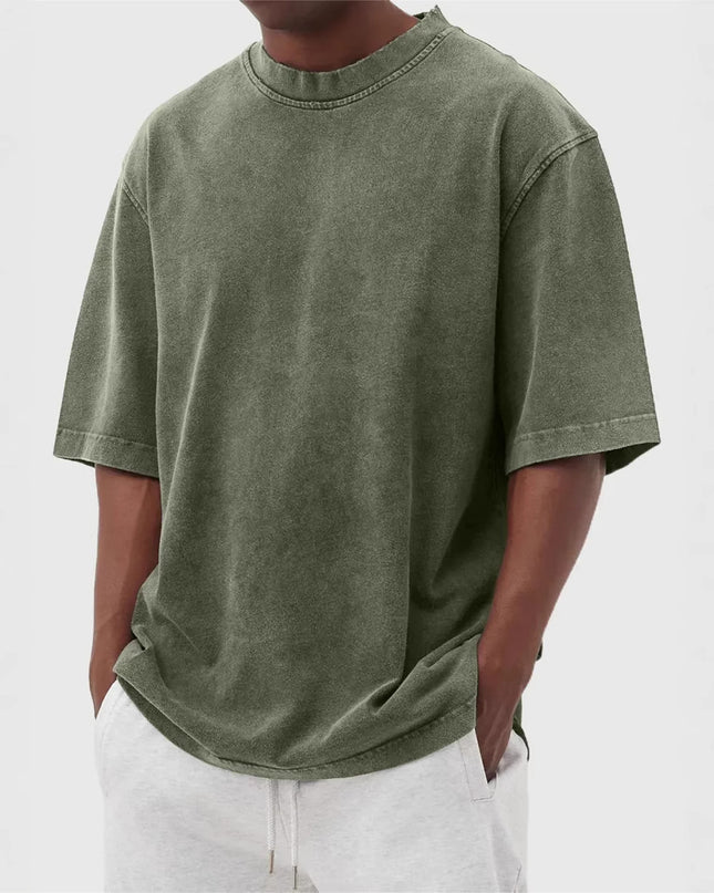 Men's Washed Fried Color Distressed Solid Color Pullover Short T-shirt