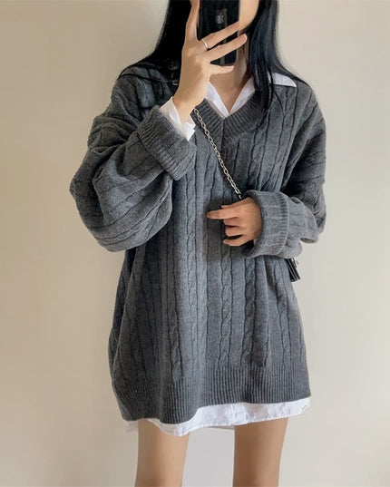 V-neck Mid-length Sweater Thick Long-sleeved Knitted Top