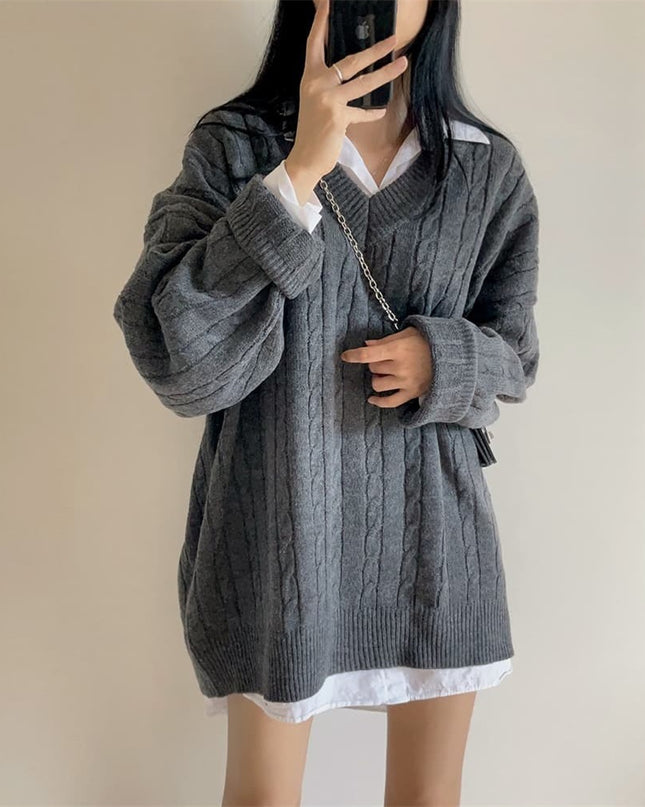V-neck Mid-length Sweater Thick Long-sleeved Knitted Top