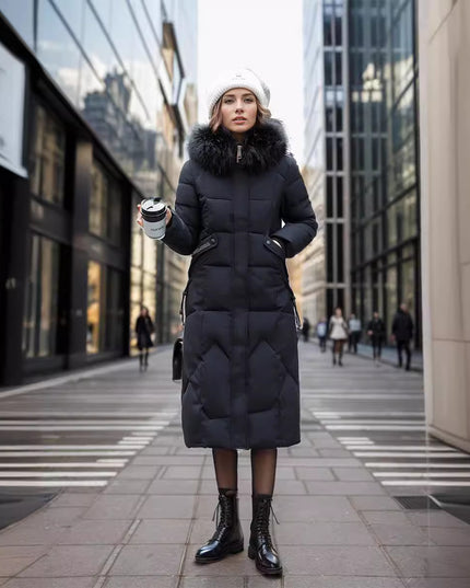 Slim Fit Below The Knee Cotton Coat Big Fur Collar Thickened Padded Jacket