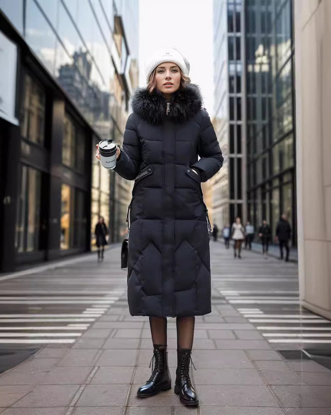 Slim Fit Below The Knee Cotton Coat Big Fur Collar Thickened Padded Jacket