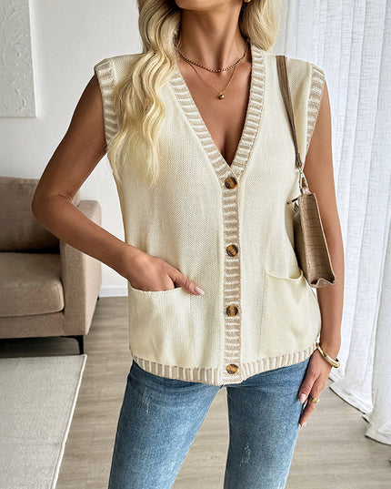 Classic Style Contrast Color Sleeveless Cardigan Knitted Vest Top For Women