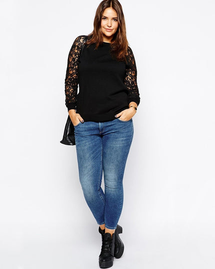 British Style Lace Sleeve Cotton Sweater T-shirt