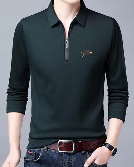 Spring And Autumn Men Long Sleeve Lapel Half Zip T Shirt
