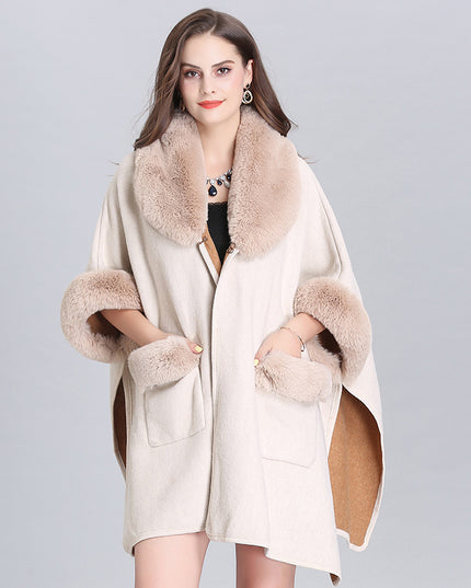 Ladies Fur Collar Lapel Pocket Wool Cardigan Jacket
