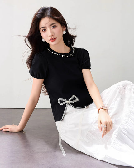 Round Neck Design Bow Beaded Short Top