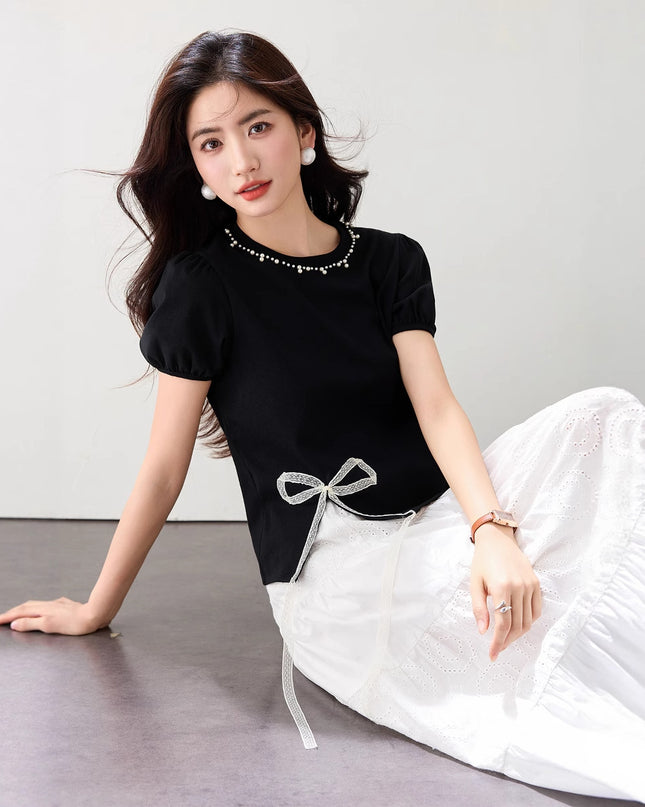 Round Neck Design Bow Beaded Short Top