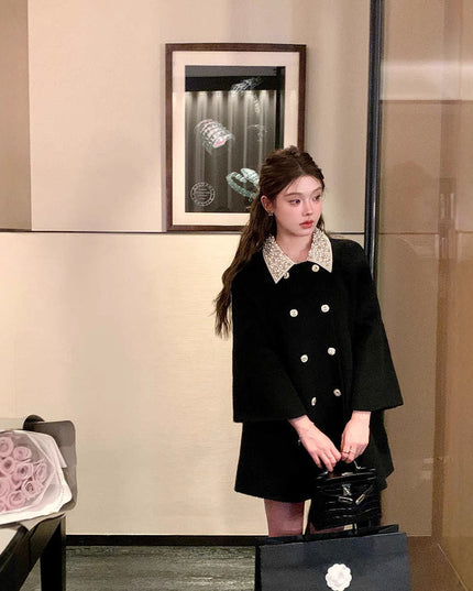 Women's Double-faced Woolen Goods Artificial Wool Black Coat