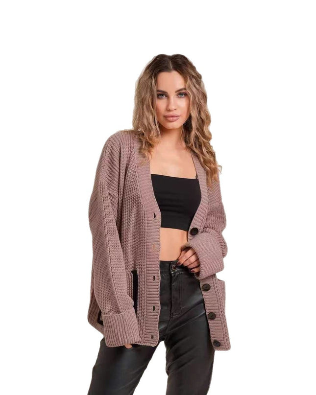 Loose-fitting V-neck Pocket Contrast Color Knitted Cardigan Sweater Coat
