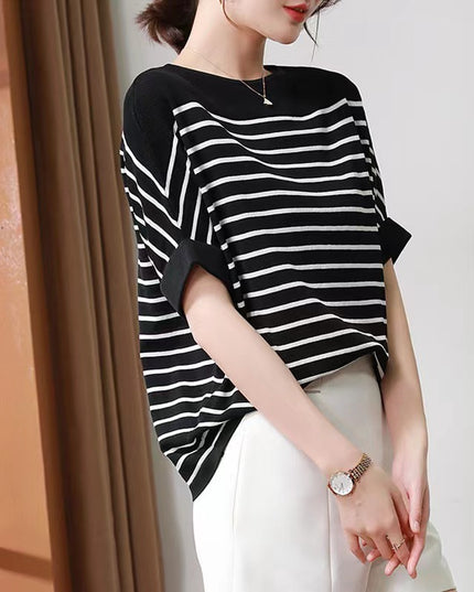 Women's Off-neck Ice Silk Short Sleeve Knitwear All-match Loose Striped Top