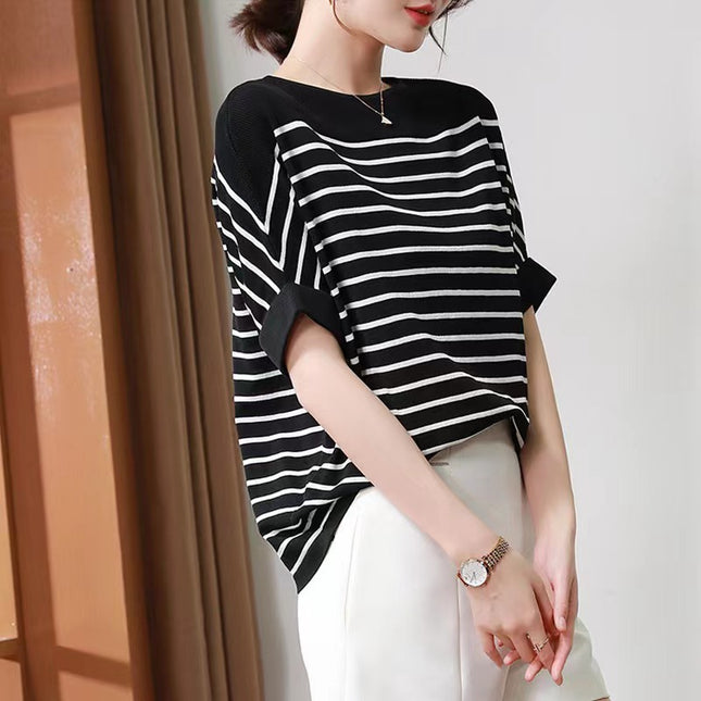 Women's Off-neck Ice Silk Short Sleeve Knitwear All-match Loose Striped Top
