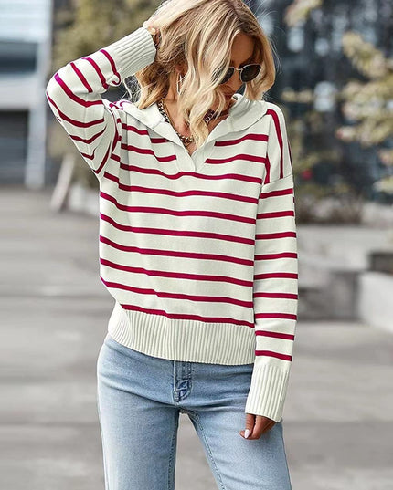 Casual V-neck Lapel Striped Sweater Fashion Long Sleeve Tops For Womens Clothing
