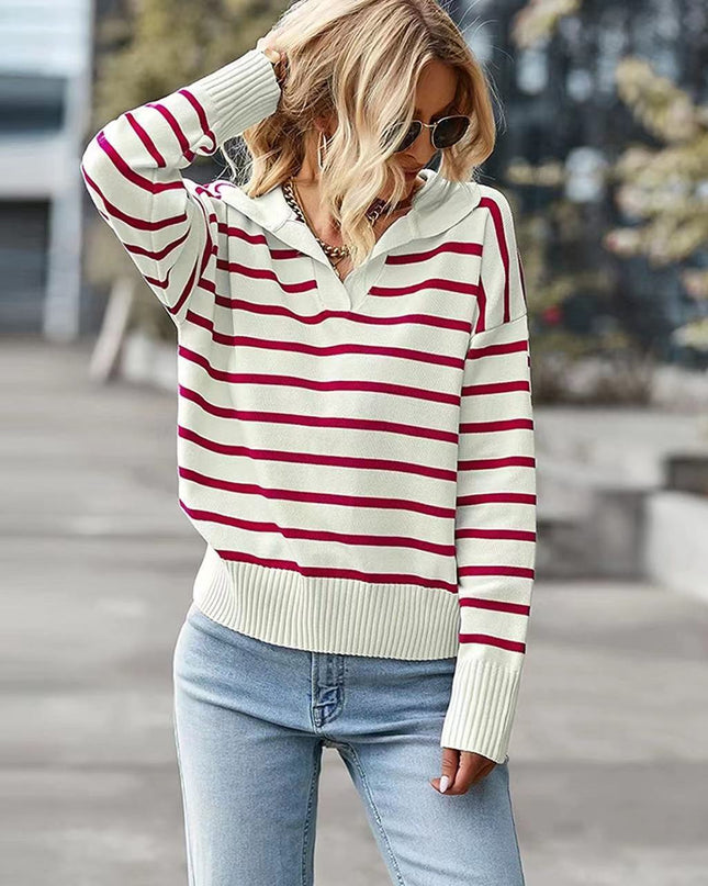Casual V-neck Lapel Striped Sweater Fashion Long Sleeve Tops For Womens Clothing