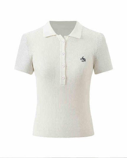 Knitted Preppy Style Polo Collar Tencel Linen Short Sleeve