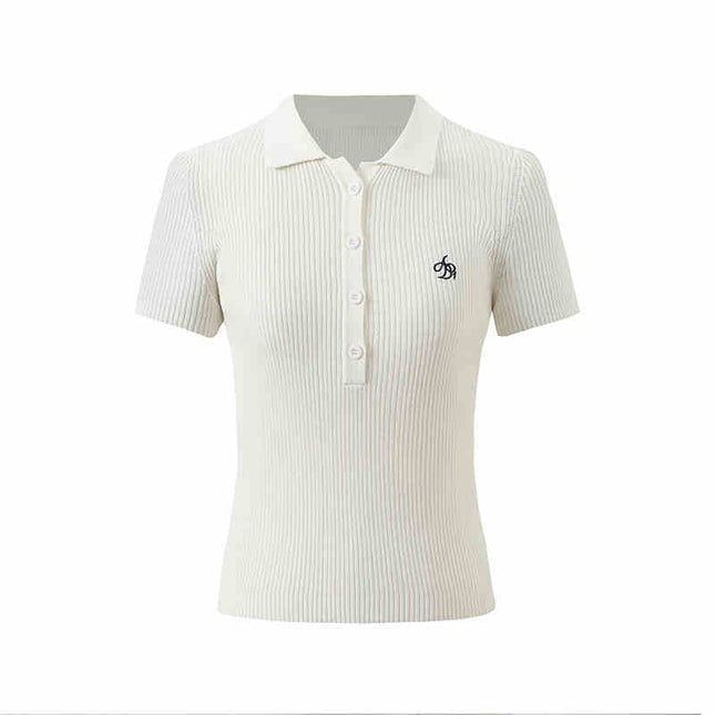 Knitted Preppy Style Polo Collar Tencel Linen Short Sleeve