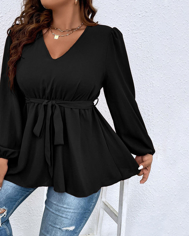 Women's V-neck Lantern Sleeve Slim Top
