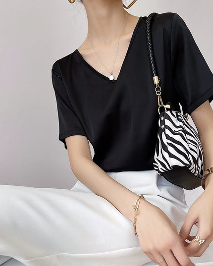 Short Sleeve Loose V-neck Satin Bottoming Solid Color Inner Wear Suit Top