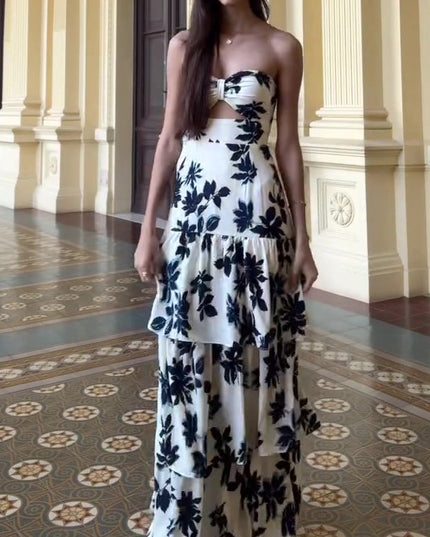 Strapless Printed Ruffle Maxi Dress