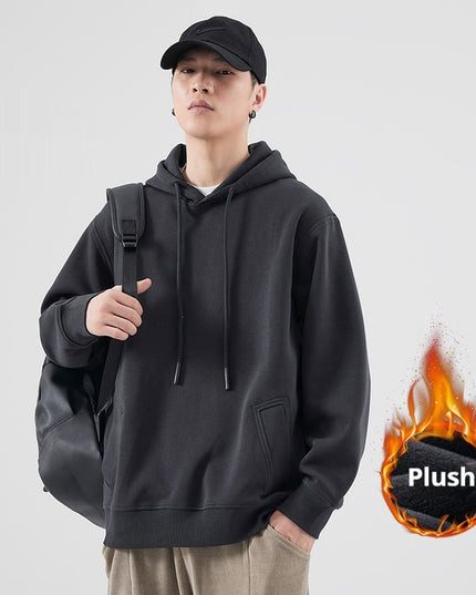 Spring And Autumn Velvet Padded Hooded Sweatshirt Men's Solid Color Pullover Hoodie Jacket
