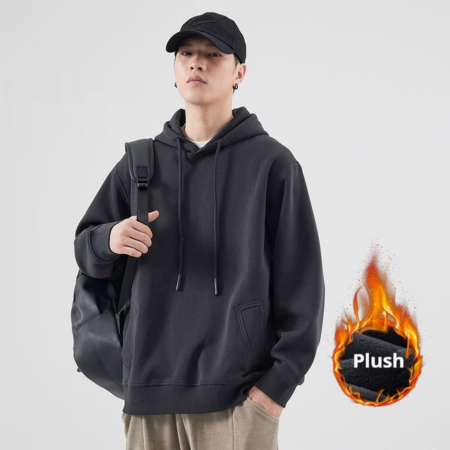 Spring And Autumn Velvet Padded Hooded Sweatshirt Men's Solid Color Pullover Hoodie Jacket
