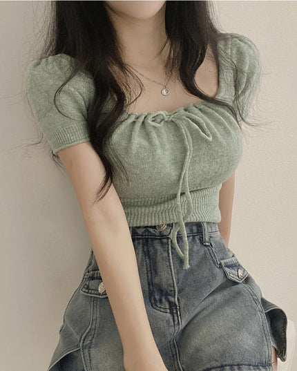 Square Collar Drawstring Short Knitwear Slim Top