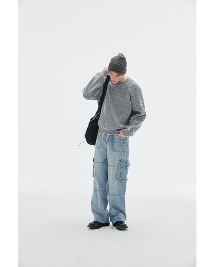 Retro Brocade Men’s Round Neck Sweater – Vintage Printed Pullover Knitwear