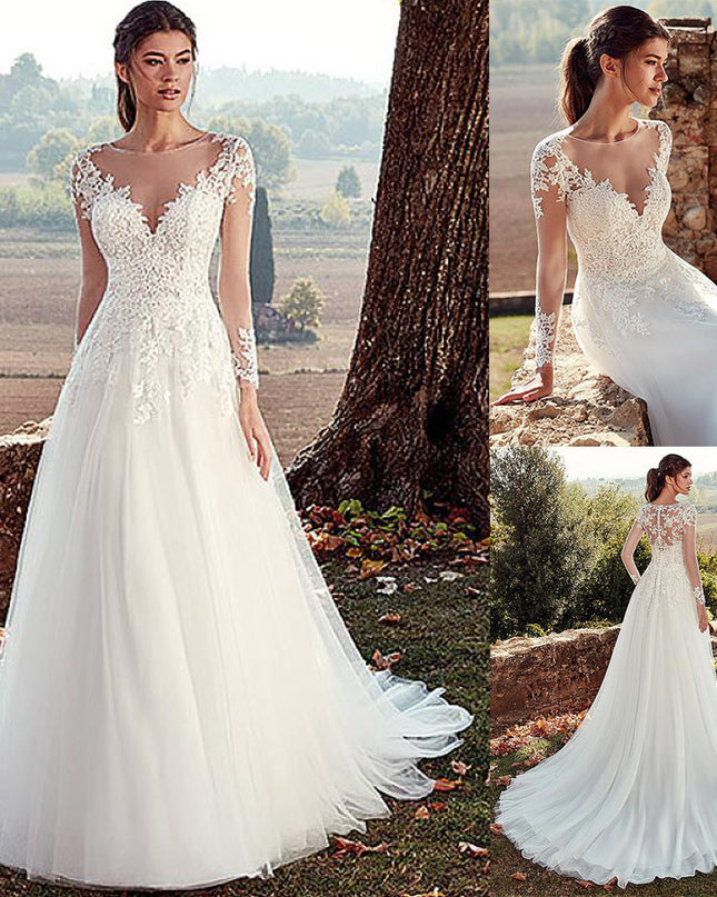 High U-neck Lace Long Sleeve A- Line Long Tail Simple Wedding Dress
