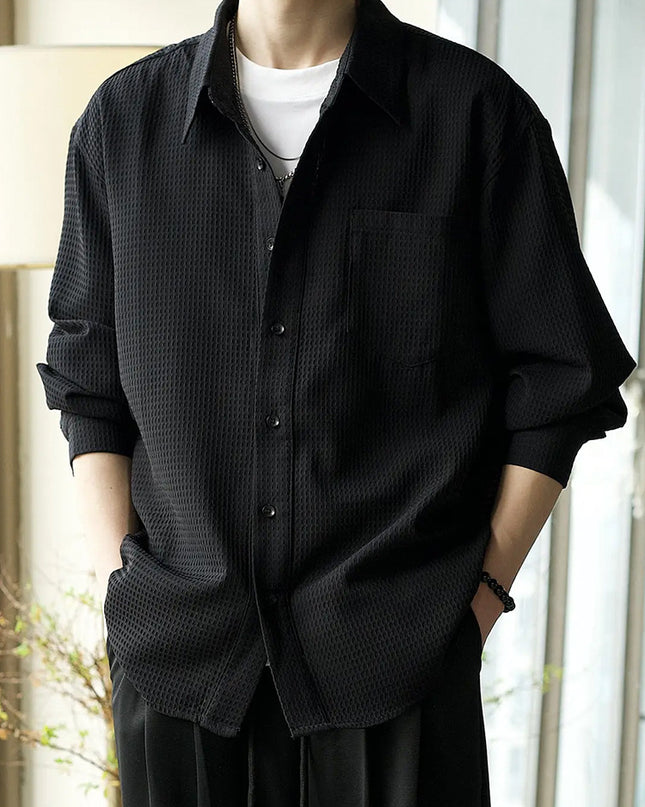 Waffle Polo Collar Jacket Casual Loose Men's Shirt