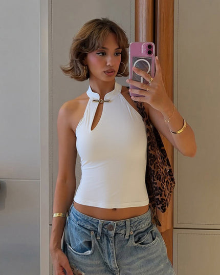 Fashion Buckle Hollow Sexy Sleeveless Slim T-shirt