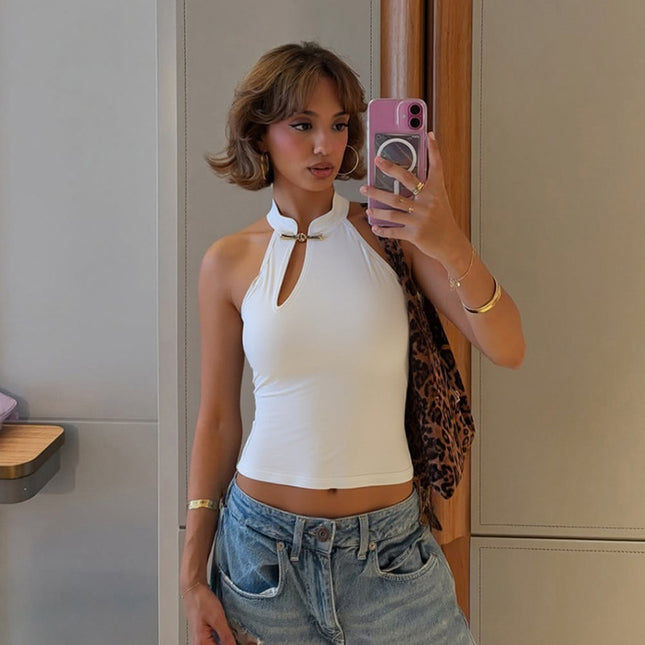 Fashion Buckle Hollow Sexy Sleeveless Slim T-shirt