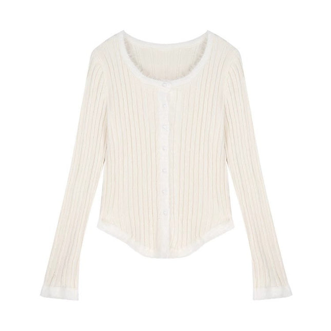 Women's Square Collar Stitching Edging Knitted Cardigan Autumn Winter Coat
