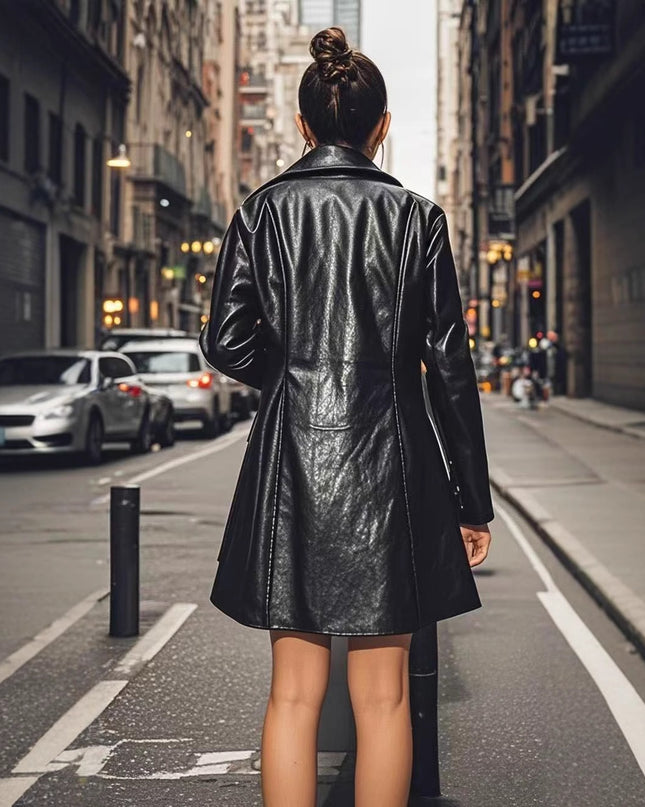 Women's PU Mid-length Casual Fashion Leather Coat