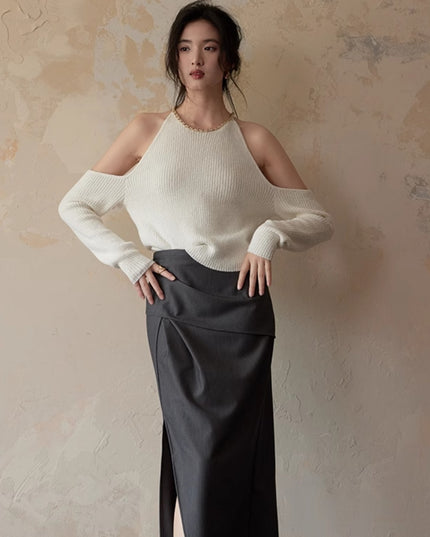 Chain Embellished Neckline Shoulder-baring Sweater