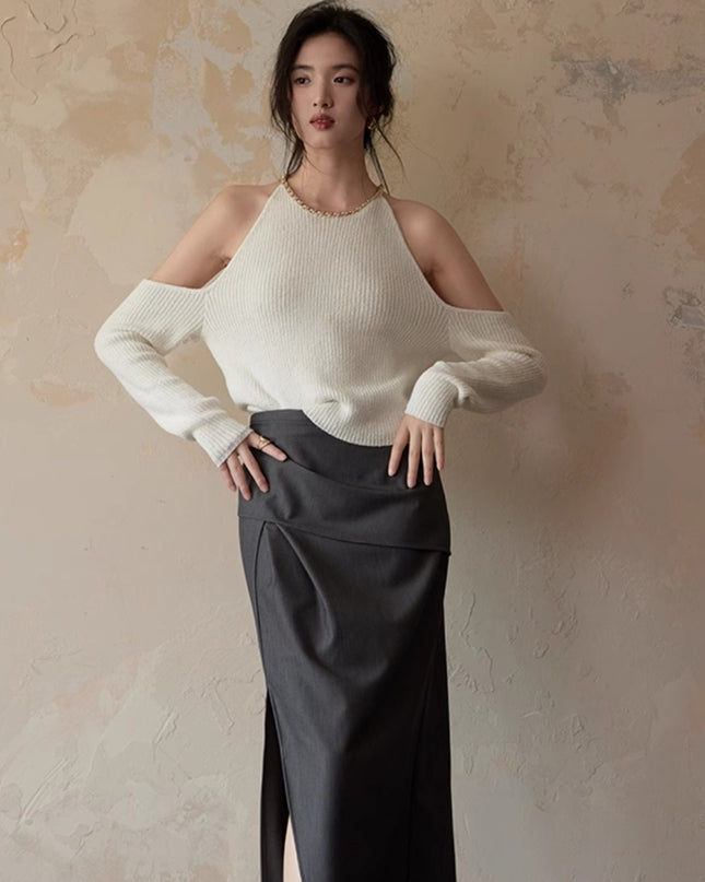 Chain Embellished Neckline Shoulder-baring Sweater