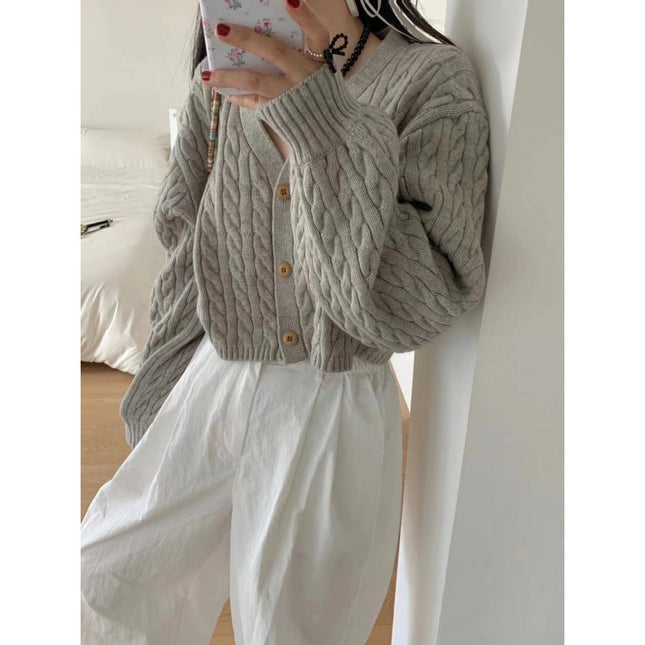Twist Outer Wear V-neck Sweater Needle Woven Women's Cardigan