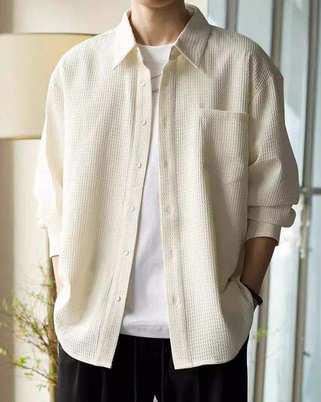 Waffle Polo Collar Jacket Casual Loose Men's Shirt