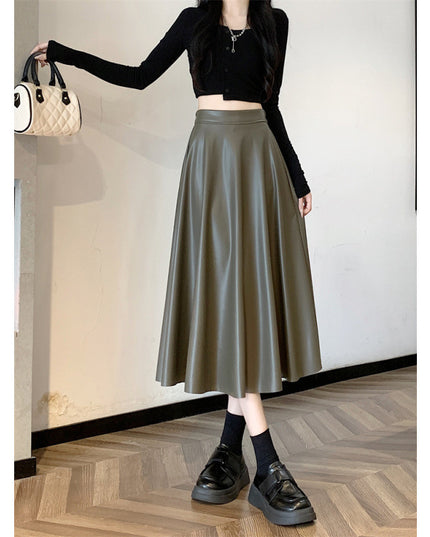 Leather Medium Length Simple A- Line Umbrella Skirt