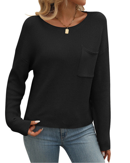 Women's Round Neck Pocket Decorative Top Long Sleeve Sweater