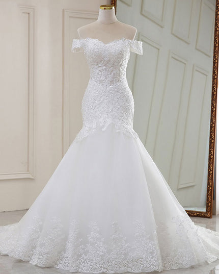 High Waist White Temperament Dream Lace Mid-waist Long Tail V-neck Wedding Dress