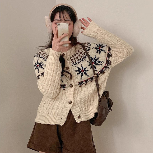 Single-breasted Contrast Color Snowflake Jacquard Long-sleeved Knitted Cardigan Sweater Coat