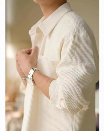 Waffle Polo Collar Jacket Casual Loose Men's Shirt