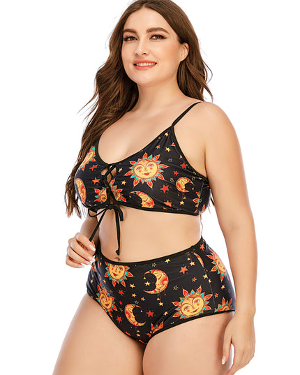 Bikini Split Large Sling Digital Printed Gathered Cross Strap High Waist Swimsuit
