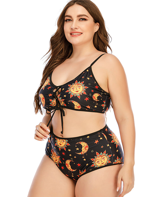 Bikini Split Large Sling Digital Printed Gathered Cross Strap High Waist Swimsuit