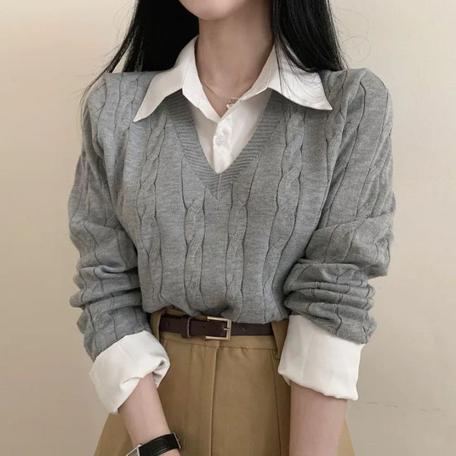 Korean Style Blouse Collar Stitching Fake Two-piece Knitted Sweaters