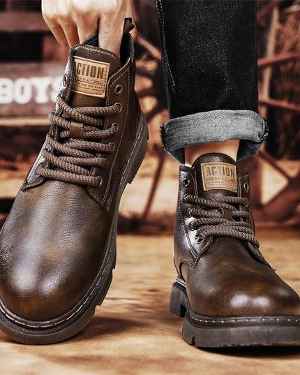 Men's High-top Retro Side Zipper Motorcycle Leather Boots