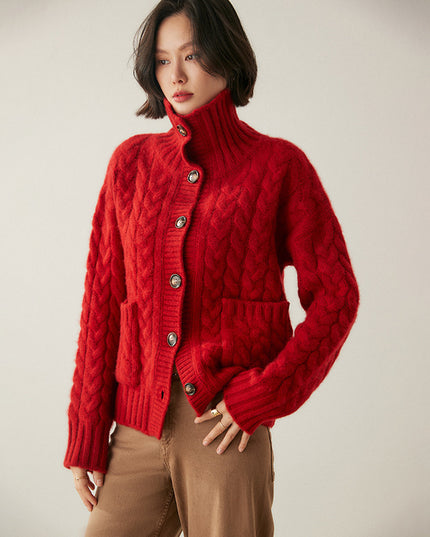 French Style Turtleneck Cashmere Cardigan For Women
