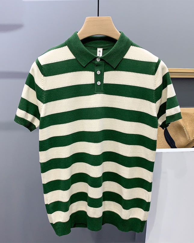 Striped Ice Silk Knitted Polo Shirt Men's Short Sleeve Thin Style Lapel T-shirt Men's Half Sleeve