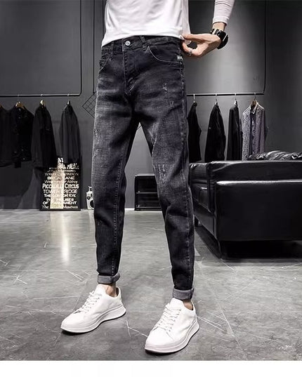 Jeans Men's Black Tapered Cropped Elastic Slim Fit Slimming