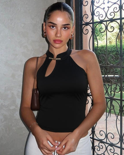 Fashion Buckle Hollow Sexy Sleeveless Slim T-shirt