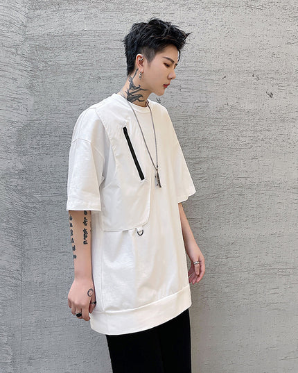 Personality Trend Stitching Functional Zipper Short Sleeve T-shirt For Men